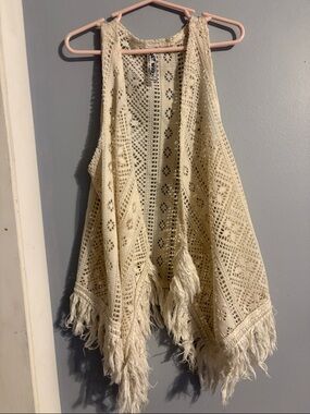 Knitworks Cream Crochet Fringe Vest